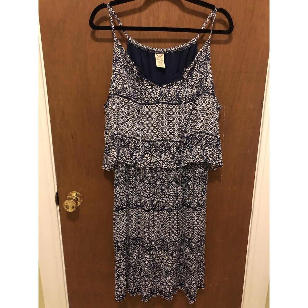 Faded Glory Dress XXL Blue White Knee Length Tiered Boho Spaghetti Straps Cruise - Picture 2 of 10